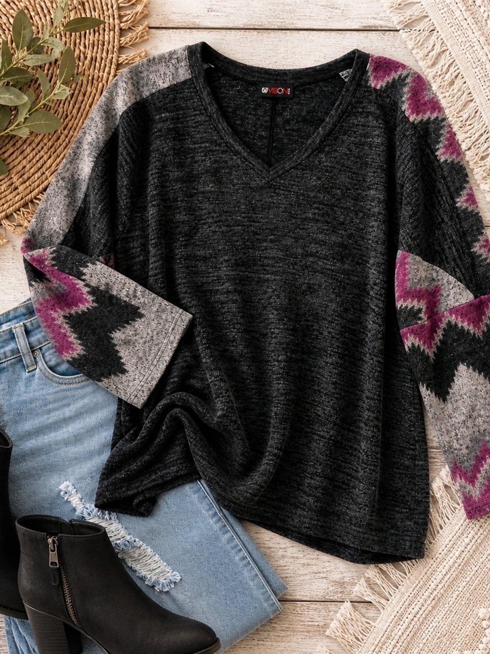 Vision Chevron Sleeve V-Neck Top 1X Boho Cozy
